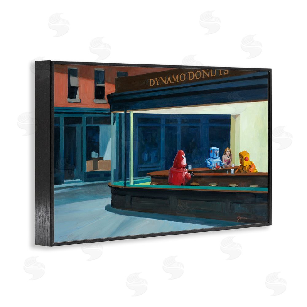 Eric Joyner Robots in Donut Shop Black Framed Giclee Wall Art Print
