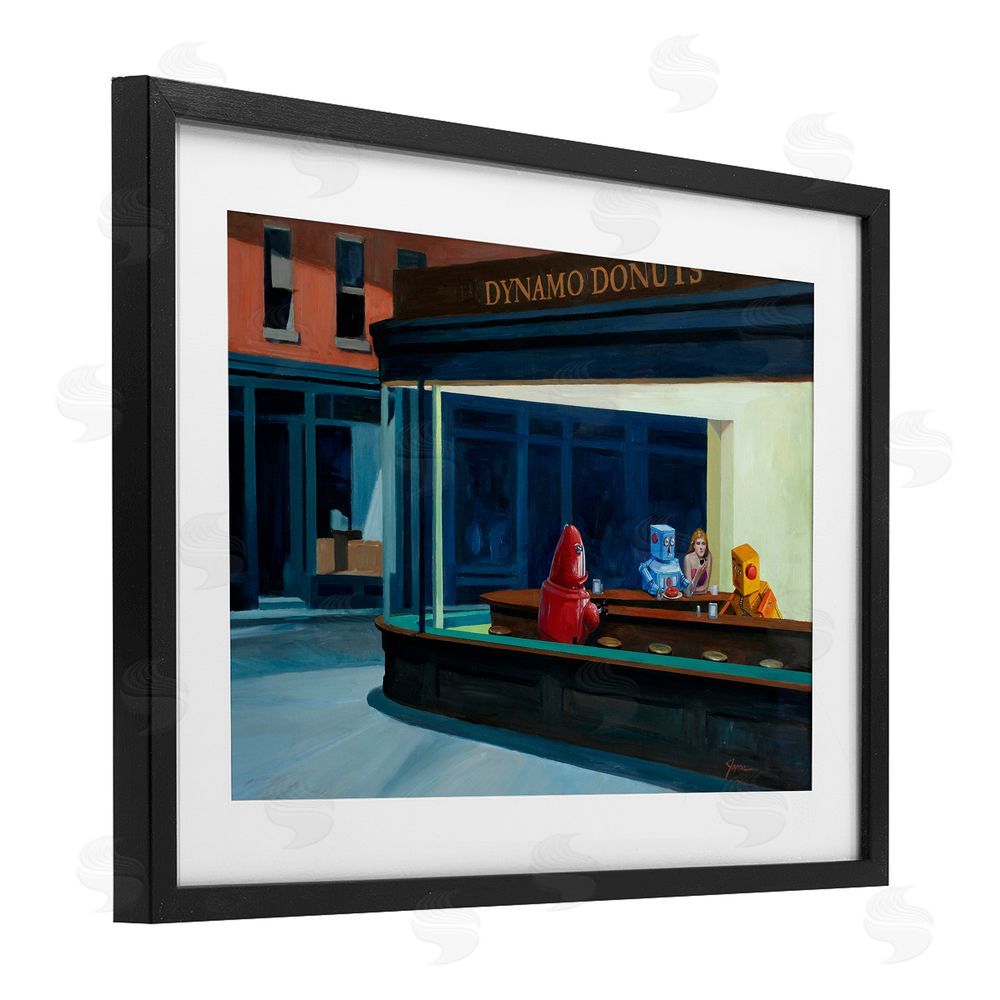 Eric Joyner Robots in Donut Shop Black Framed Print Under Glass Wall Art