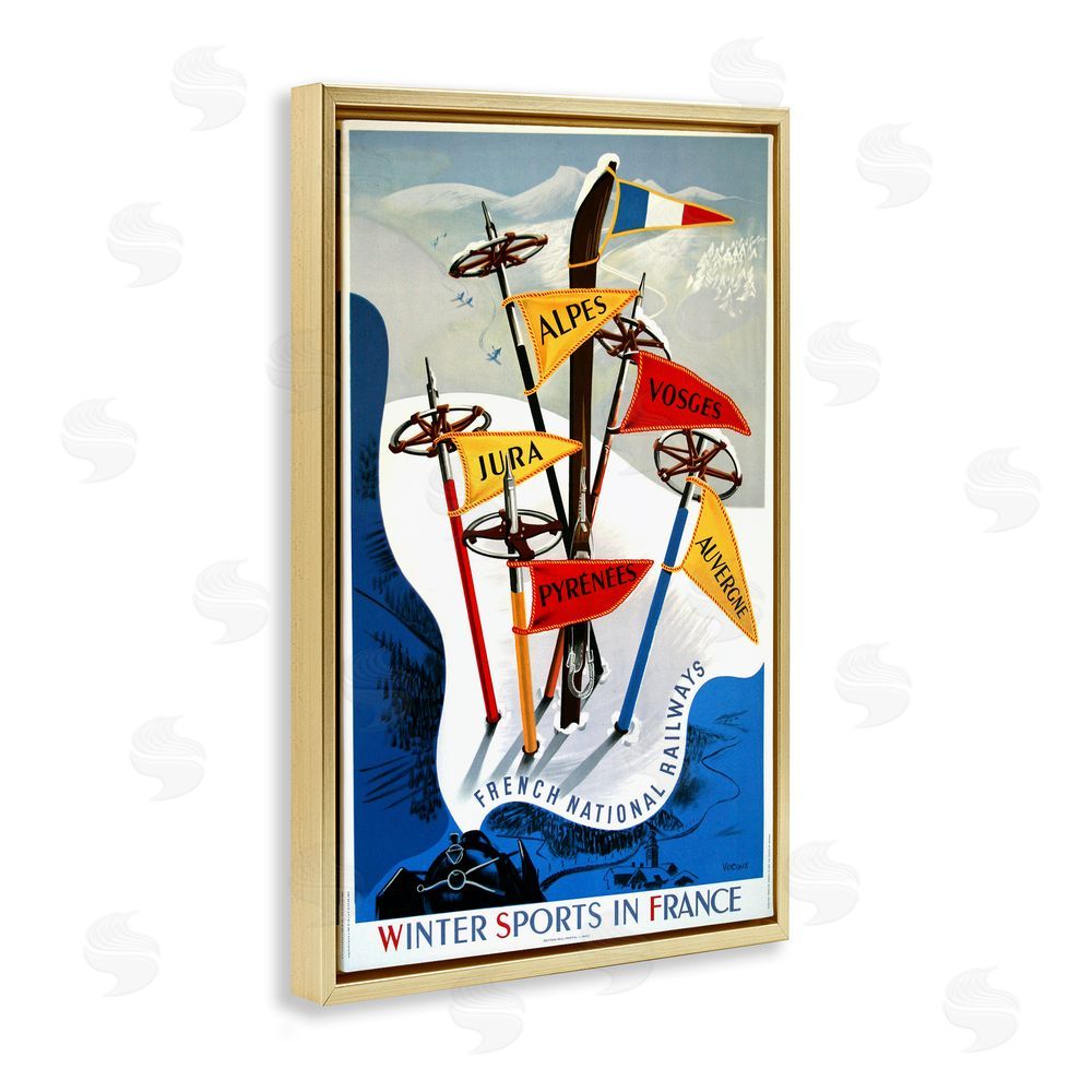 Vintage Posters Winter Sports In France Gold Floating Frame Canvas Wall Art Print
