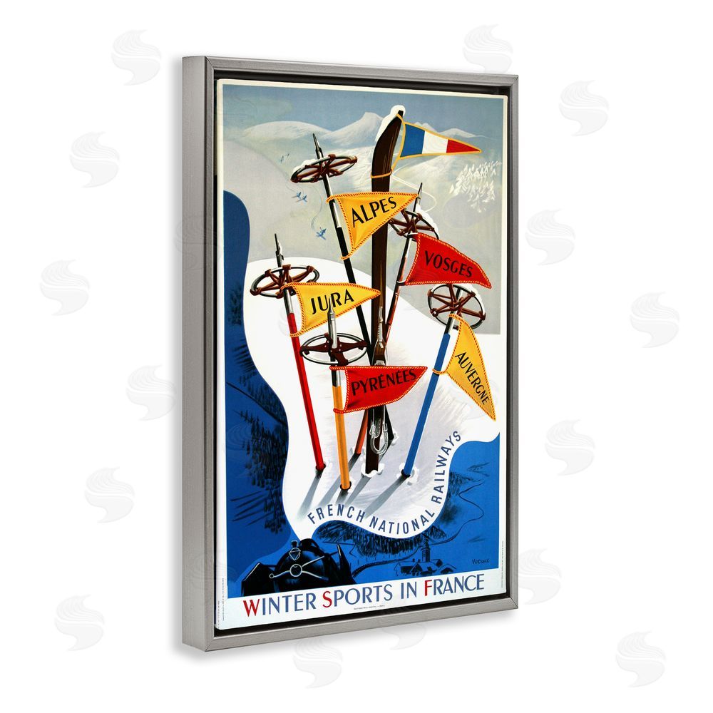 Vintage Posters Winter Sports In France Gray Floating Frame Canvas Wall Art Print
