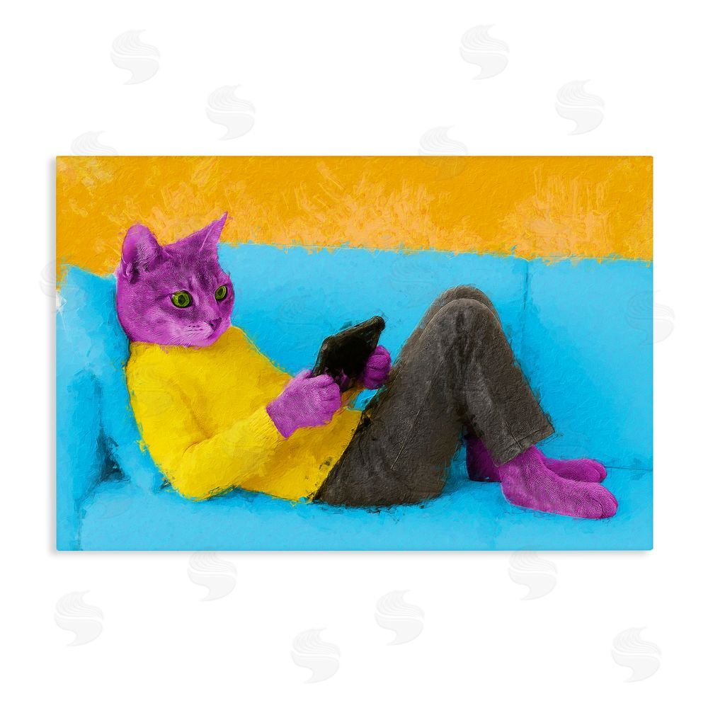 Sean Parnell Vibrant Cat Playing Game Stretched Canvas Wall Art Print