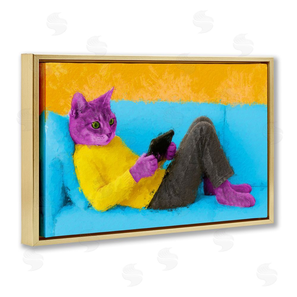 Sean Parnell Vibrant Cat Playing Game Gold Floating Frame Canvas Wall Art Print