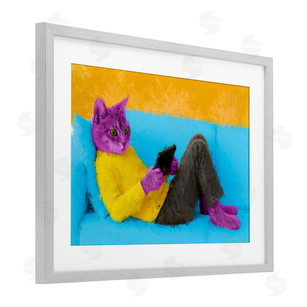 Sean Parnell Vibrant Cat Playing Game Gray Framed Print Under Glass Wall Art