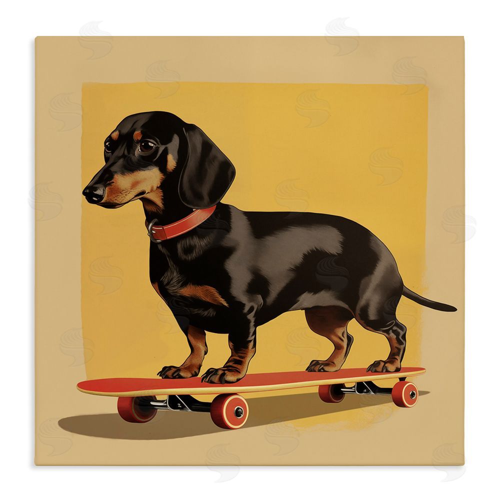 Andreas Magnusson Dachshund on Red Skateboard Stretched Canvas Wall Art Print