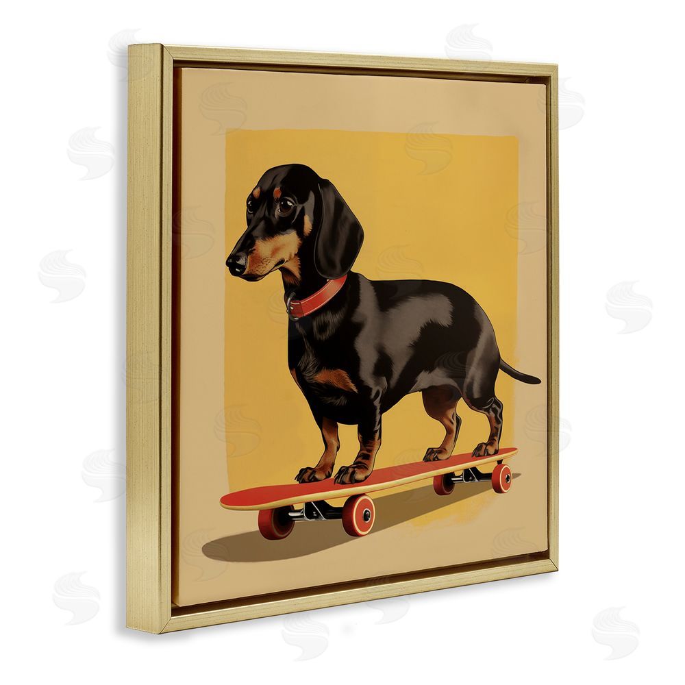 Andreas Magnusson Dachshund on Red Skateboard Gold Floating Frame Canvas Wall Art Print