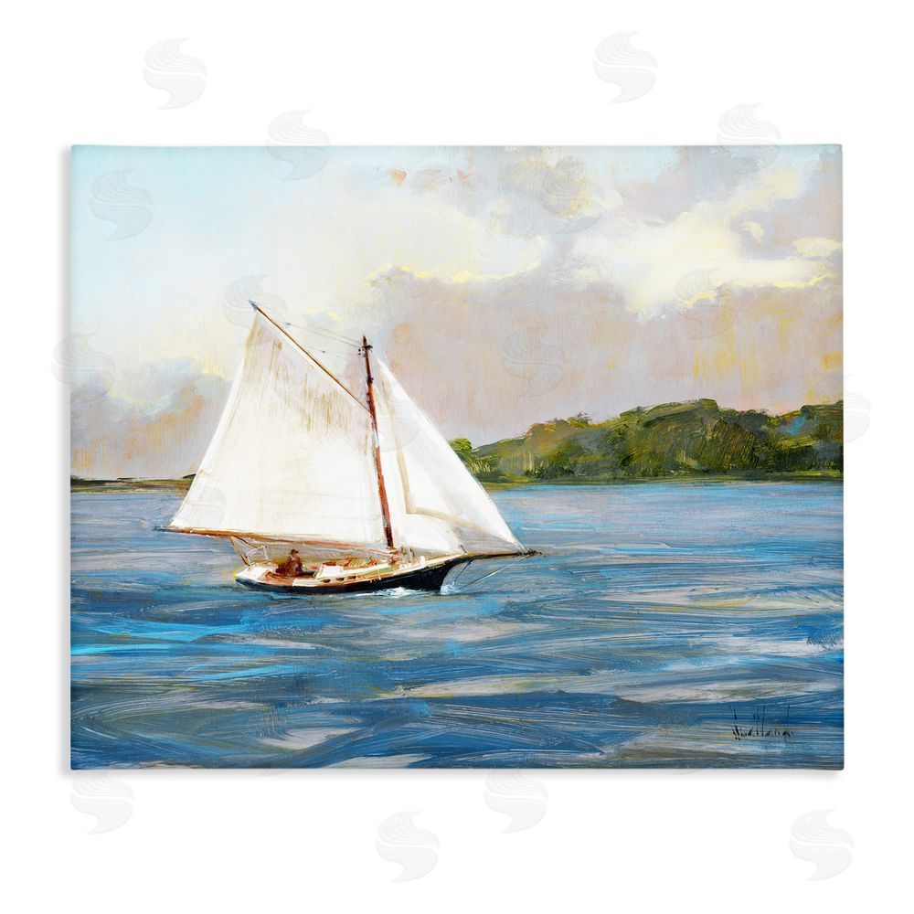 Katie Swatland White Sailboat on Calm Blue Sea Stretched Canvas Wall Art Print