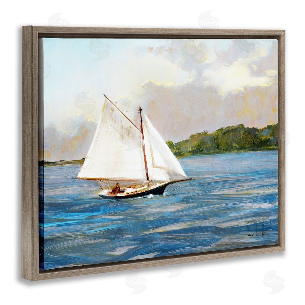 Katie Swatland White Sailboat on Calm Blue Sea Brown Floating Frame Canvas Wall Art Print