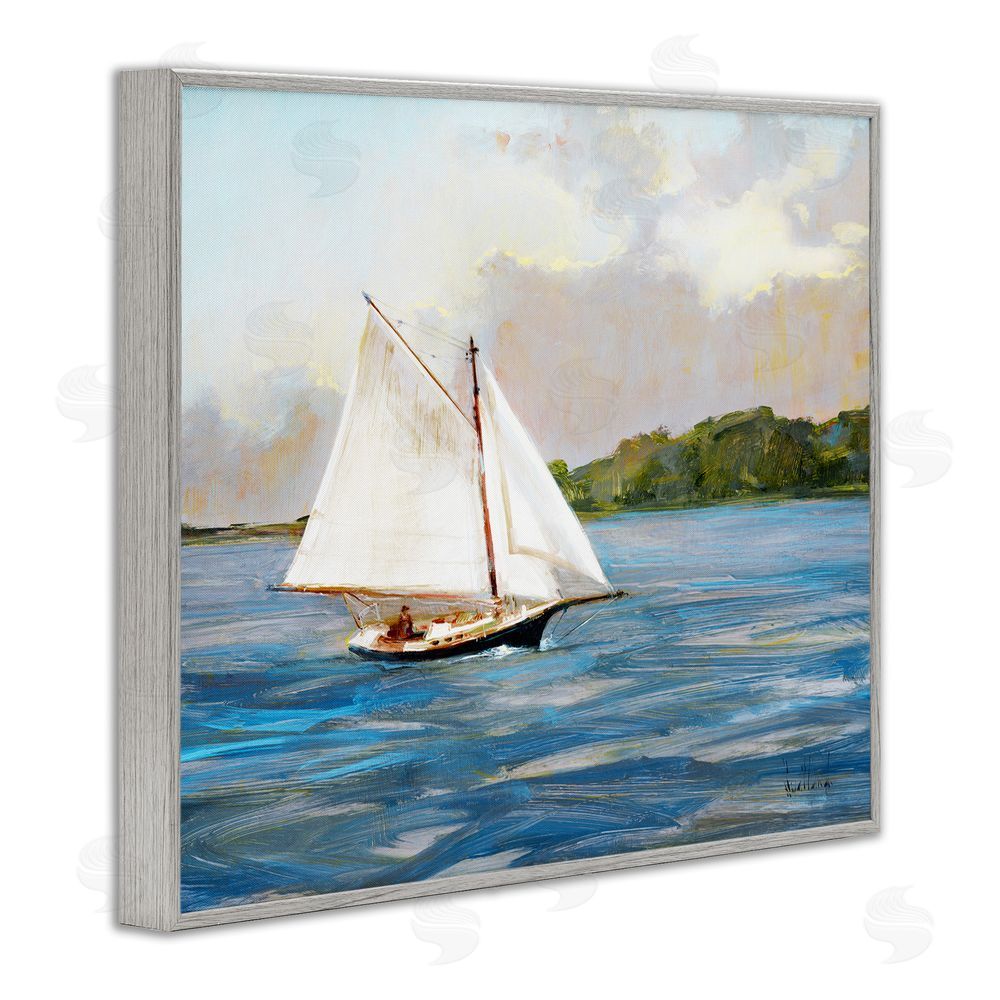 Katie Swatland White Sailboat on Calm Blue Sea Gray Framed Giclee Wall Art Print