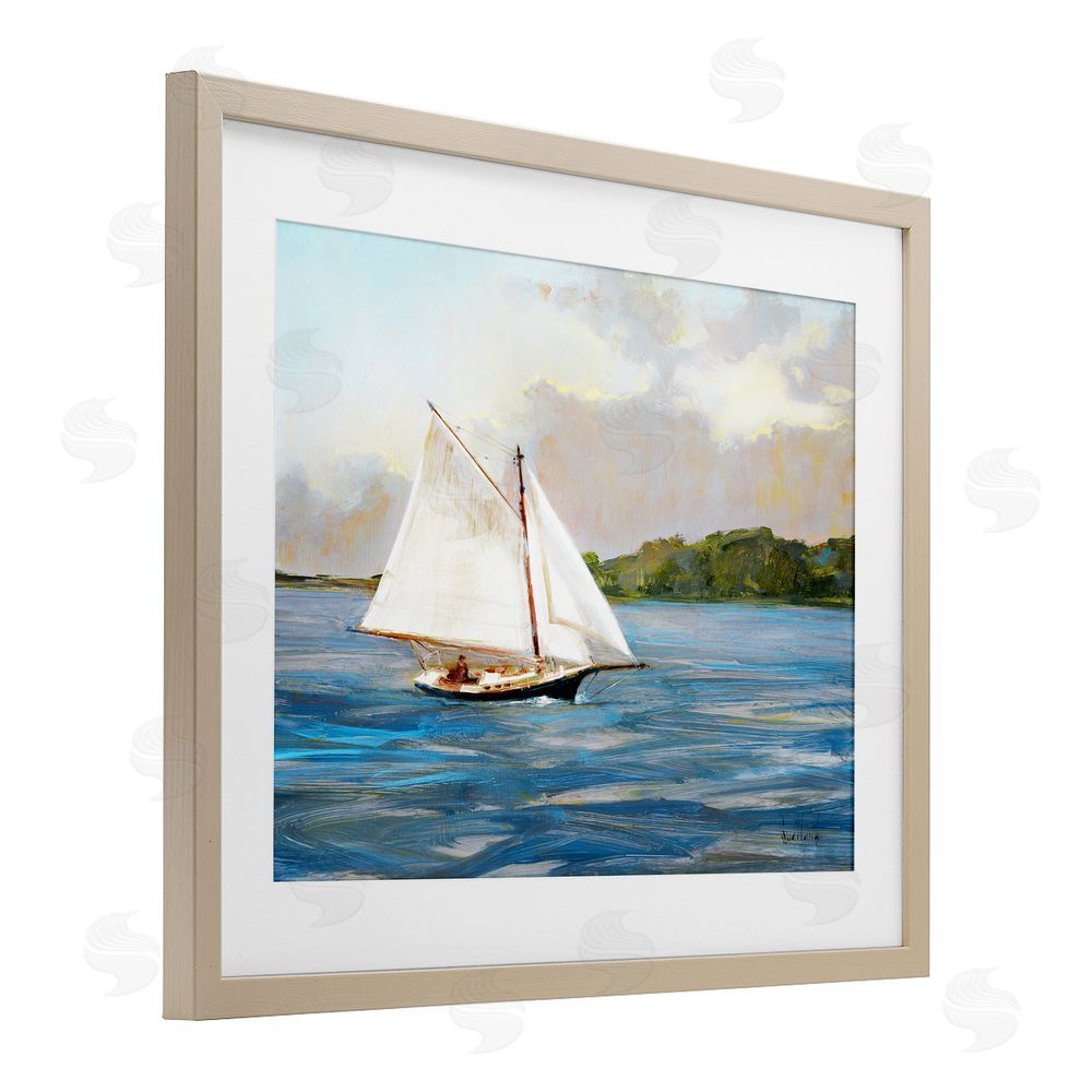 Katie Swatland White Sailboat on Calm Blue Sea Brown Framed Print Under Glass Wall Art