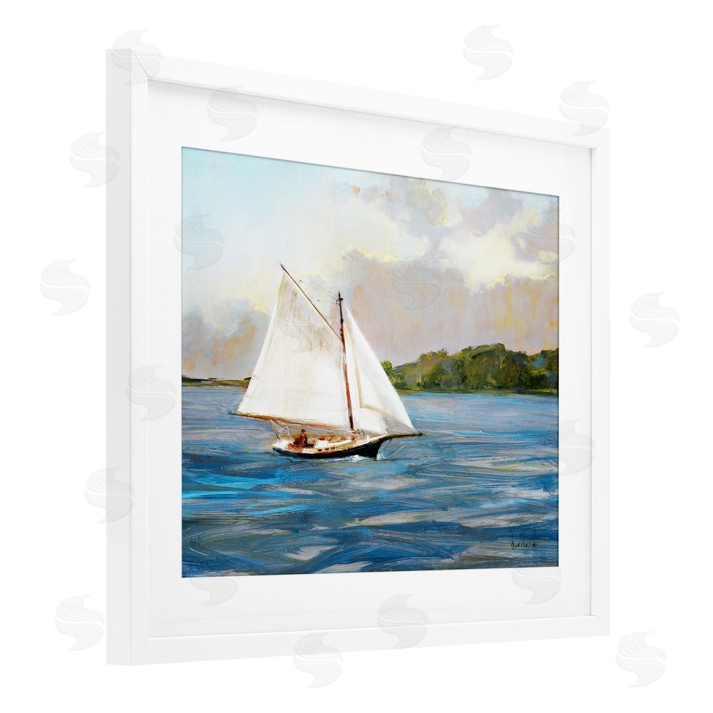 Katie Swatland White Sailboat on Calm Blue Sea White Framed Print Under Glass Wall Art