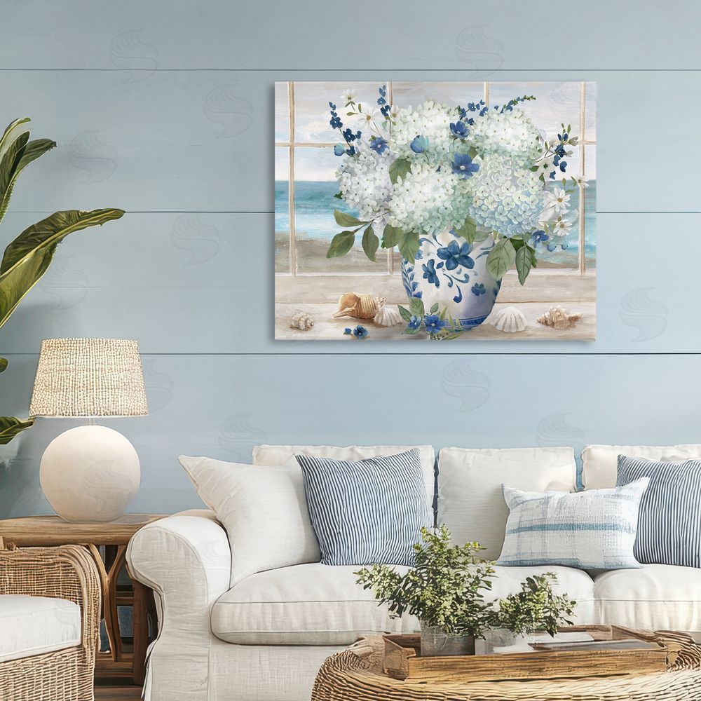 Nan Seaside Hydrangea Bouquet in Window Stretched Canvas Wall Art in Room