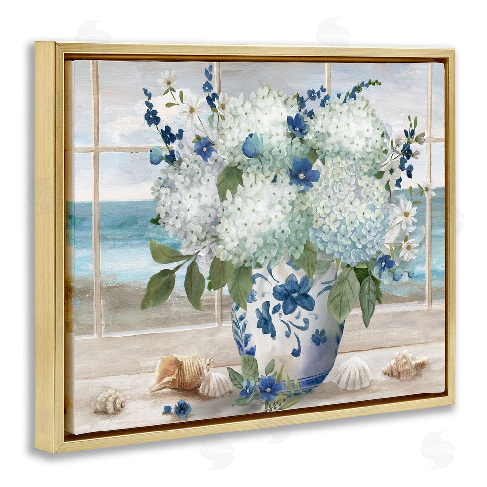 Nan Seaside Hydrangea Bouquet in Window Gold Floating Frame Canvas Wall Art Print