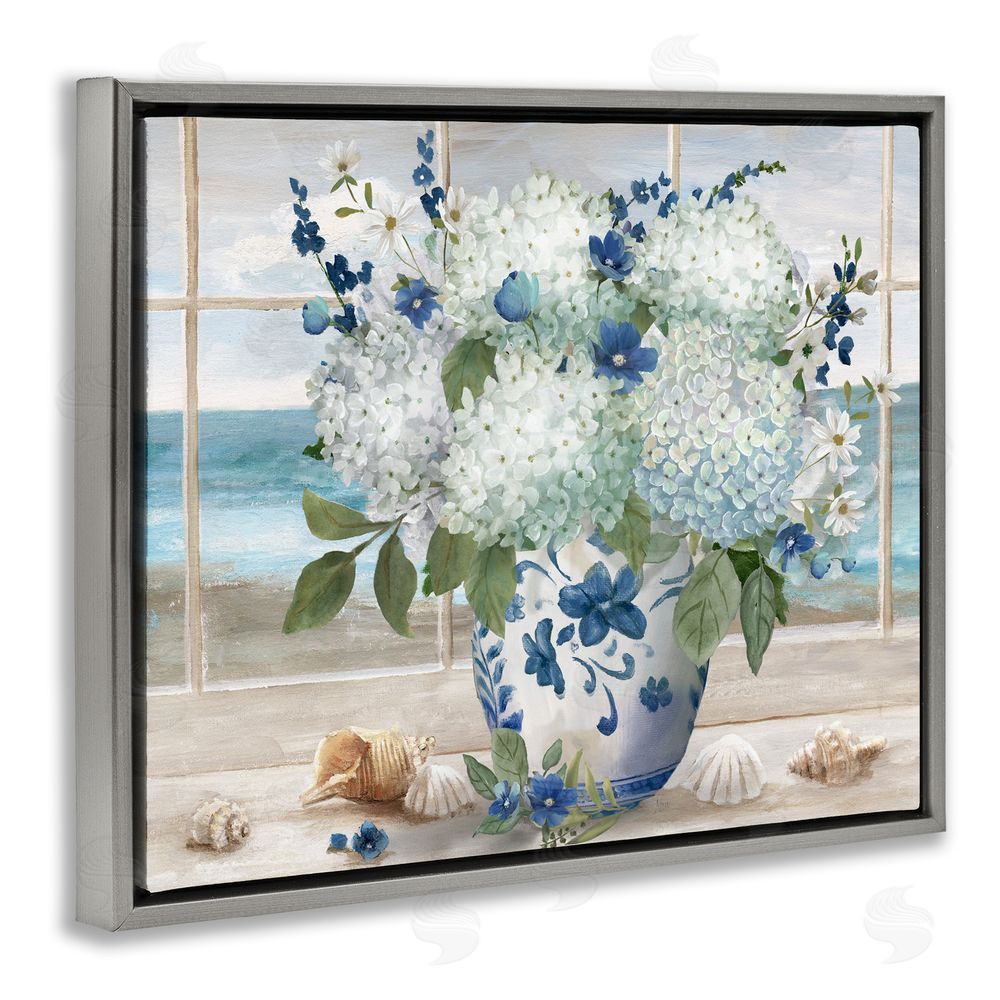 Nan Seaside Hydrangea Bouquet in Window Gray Floating Frame Canvas Wall Art Print