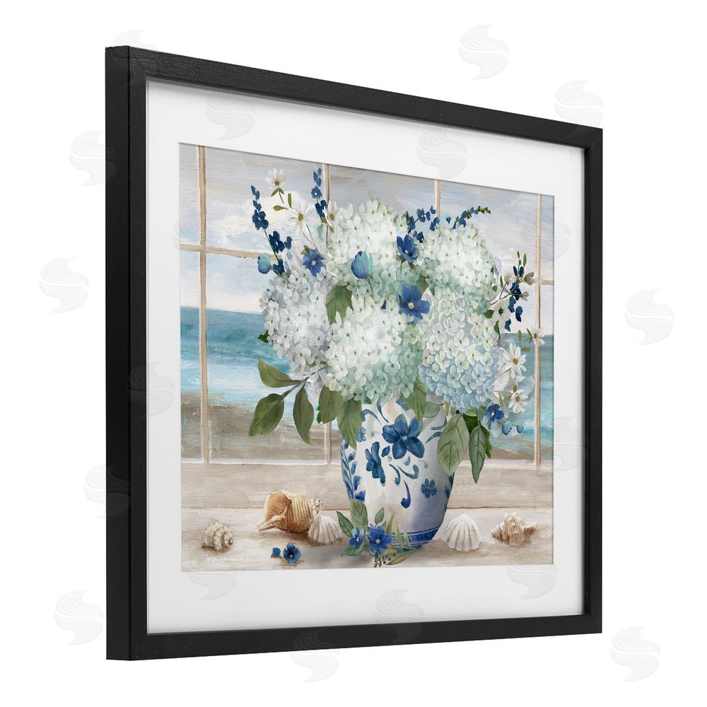 Nan Seaside Hydrangea Bouquet in Window Black Framed Print Under Glass Wall Art