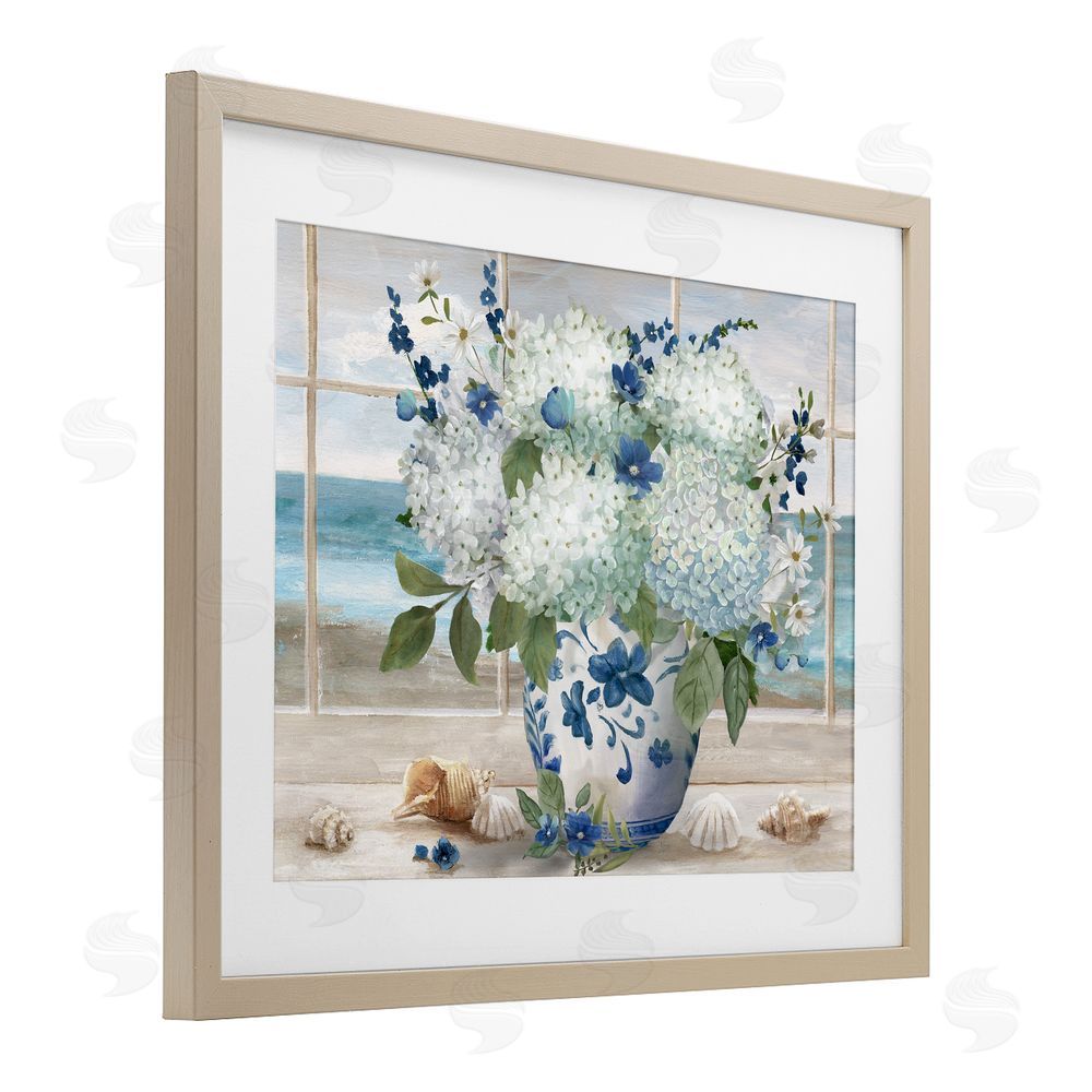 Nan Seaside Hydrangea Bouquet in Window Brown Framed Print Under Glass Wall Art