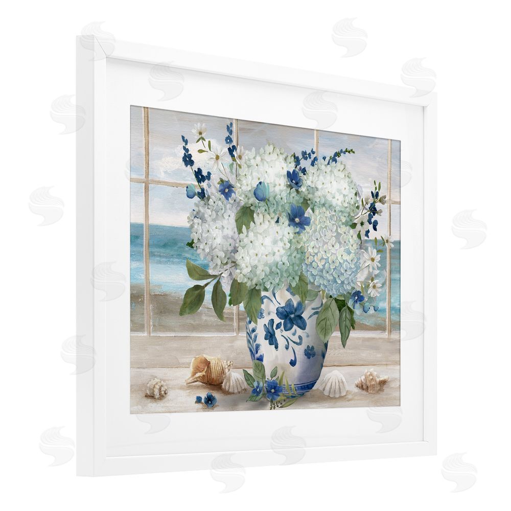 Nan Seaside Hydrangea Bouquet in Window White Framed Print Under Glass Wall Art