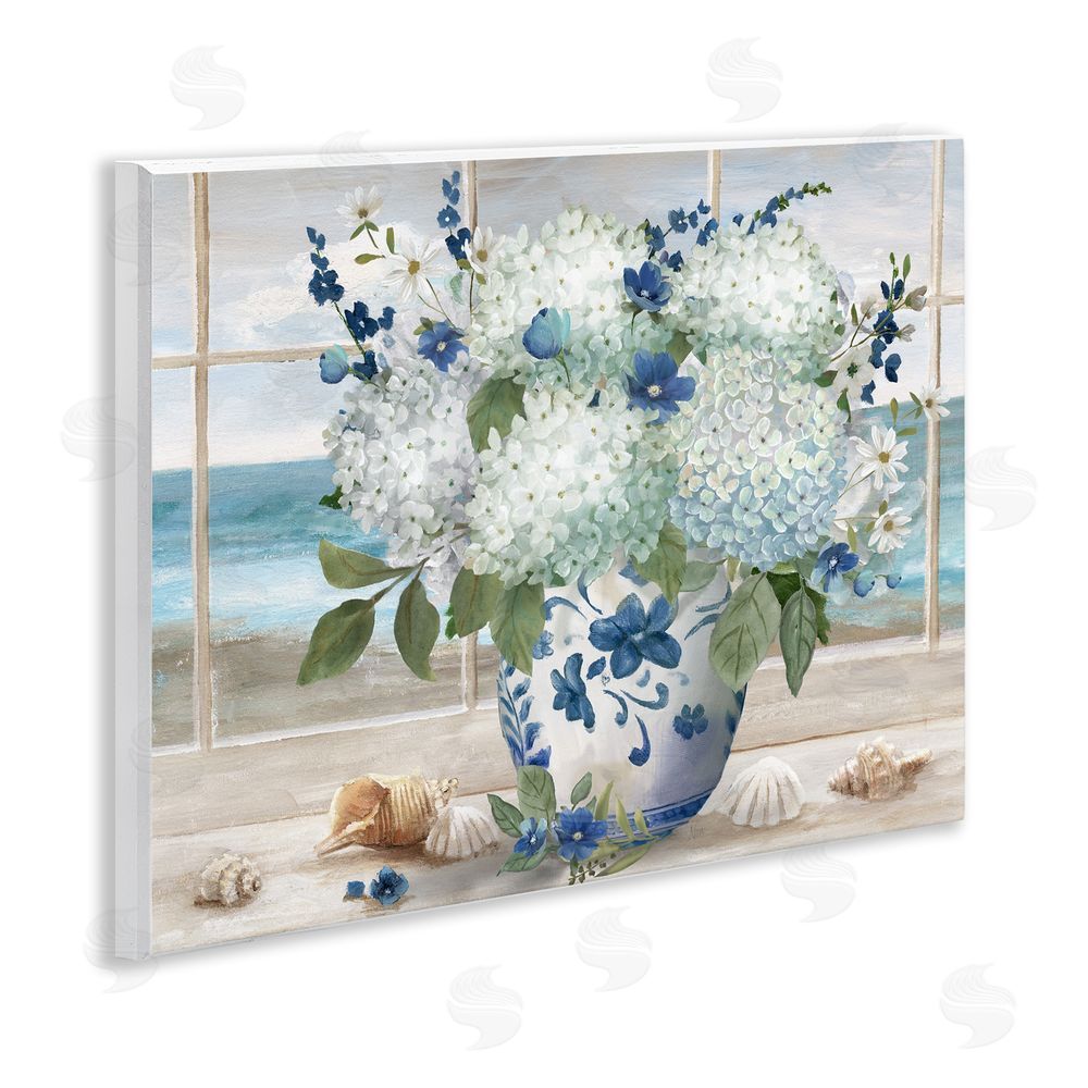 Nan Seaside Hydrangea Bouquet in Window Wooden Wall Plaque Art Print