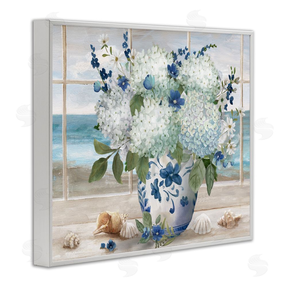 Nan Seaside Hydrangea Bouquet in Window White Framed Giclee Wall Art Print