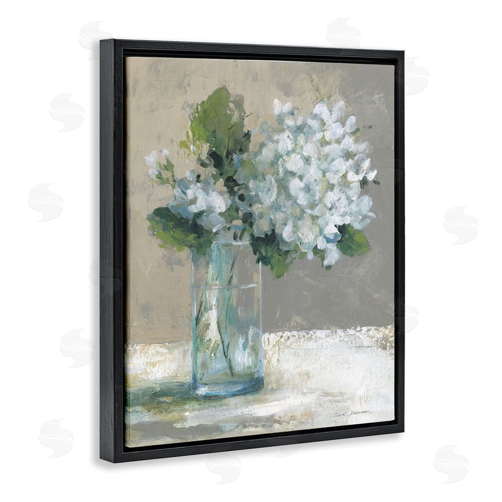 Carol Robinson Serene White Hydrangeas in Glass Black Floating Frame Canvas Wall Art Print