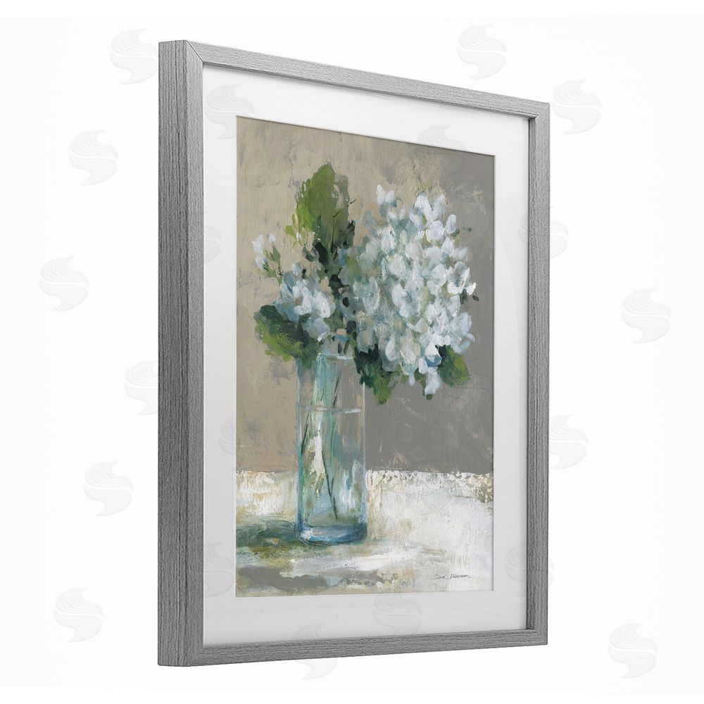Carol Robinson Serene White Hydrangeas in Glass Gray Framed Print Under Glass Wall Art