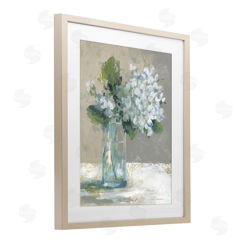 Carol Robinson Serene White Hydrangeas in Glass Brown Framed Print Under Glass Wall Art