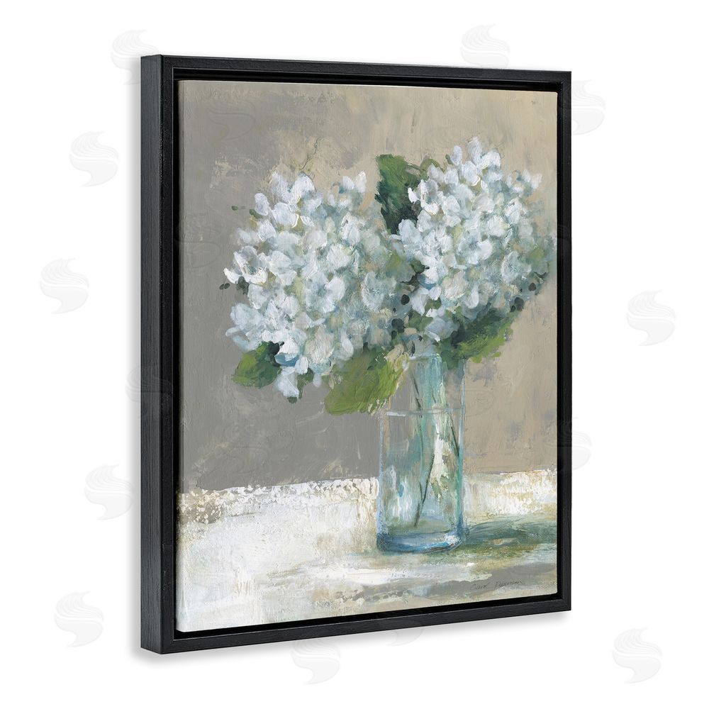 Carol Robinson White Hydrangeas Glass Vase Black Floating Frame Canvas Wall Art Print