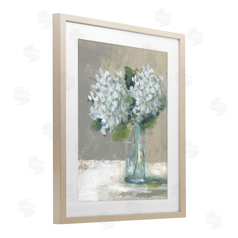 Carol Robinson White Hydrangeas Glass Vase Brown Framed Print Under Glass Wall Art