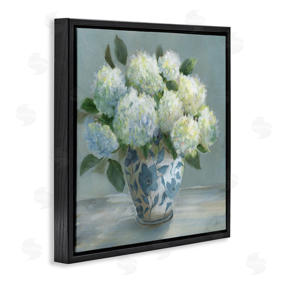 Nan Hydrangeas in Elegant Vase Black Floating Frame Canvas Wall Art Print