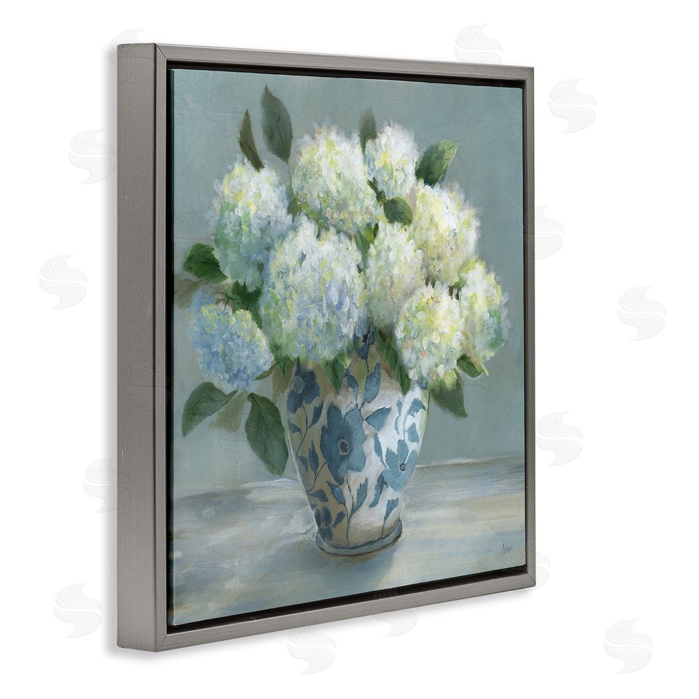 Nan Hydrangeas in Elegant Vase Gray Floating Frame Canvas Wall Art Print