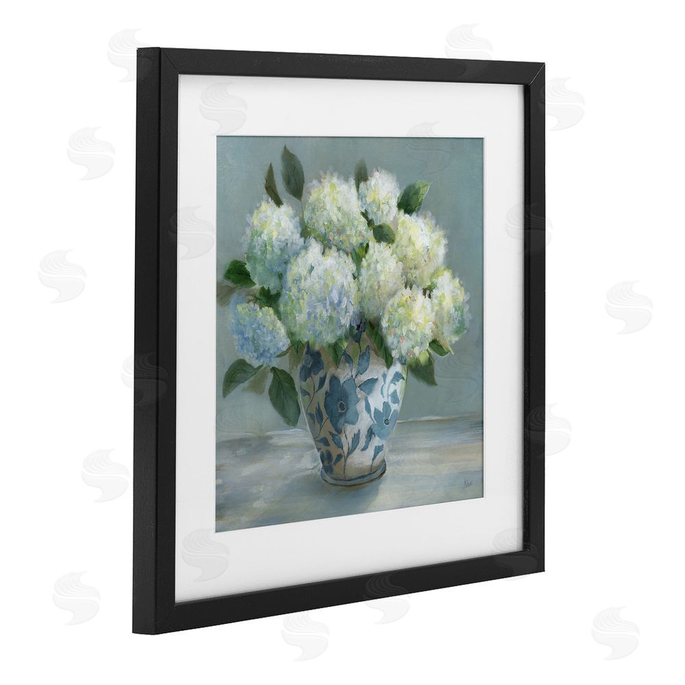 Nan Hydrangeas in Elegant Vase Black Framed Print Under Glass Wall Art