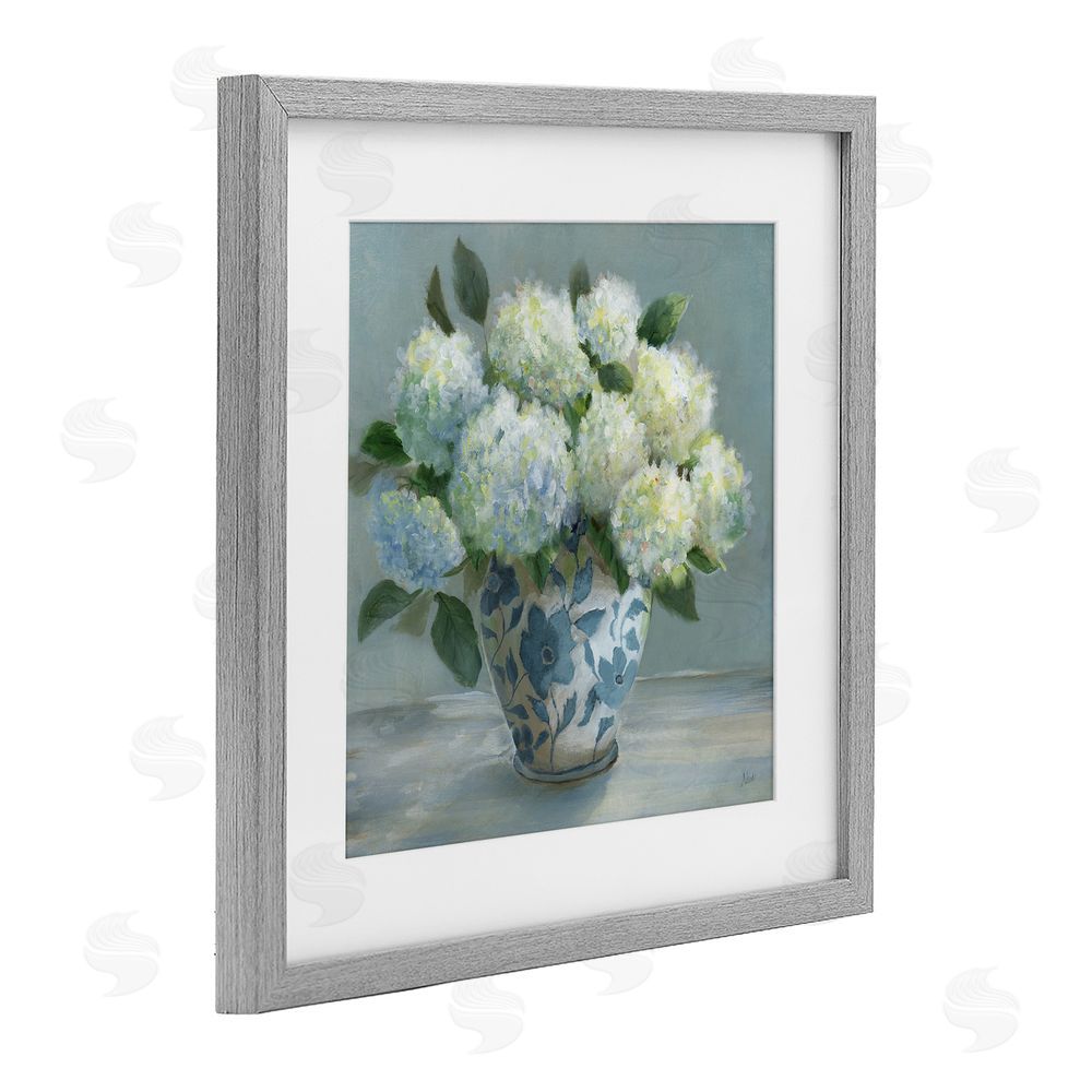 Nan Hydrangeas in Elegant Vase Gray Framed Print Under Glass Wall Art