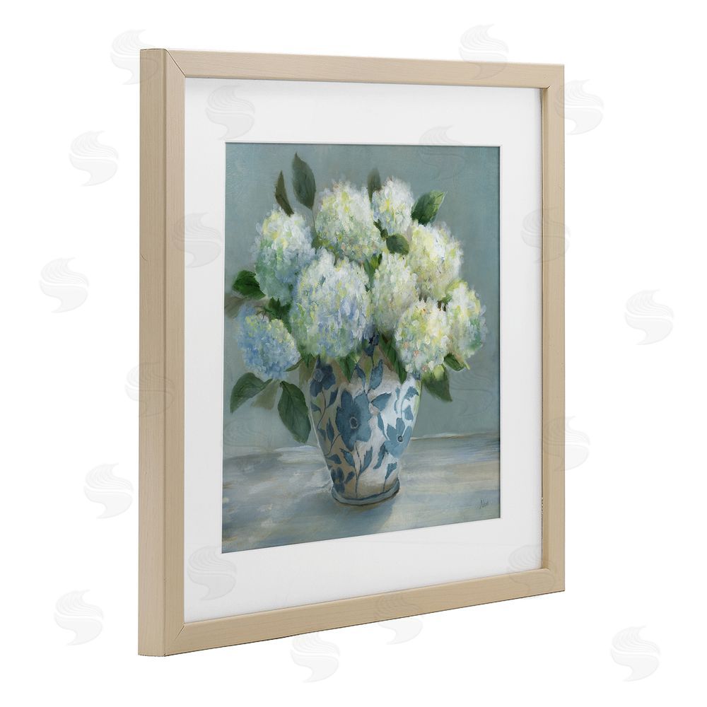 Nan Hydrangeas in Elegant Vase Brown Framed Print Under Glass Wall Art