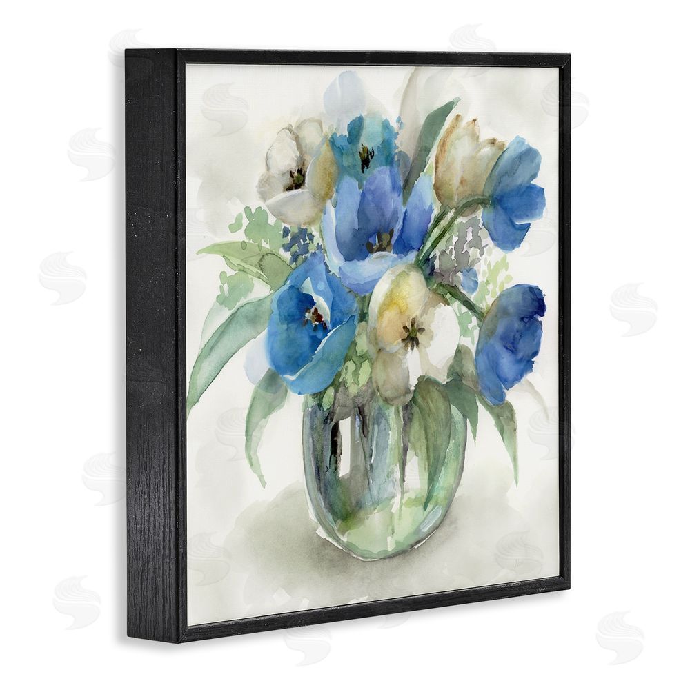 Nan Blue Tulip Watercolor Bouquet Black Framed Giclee Wall Art Print