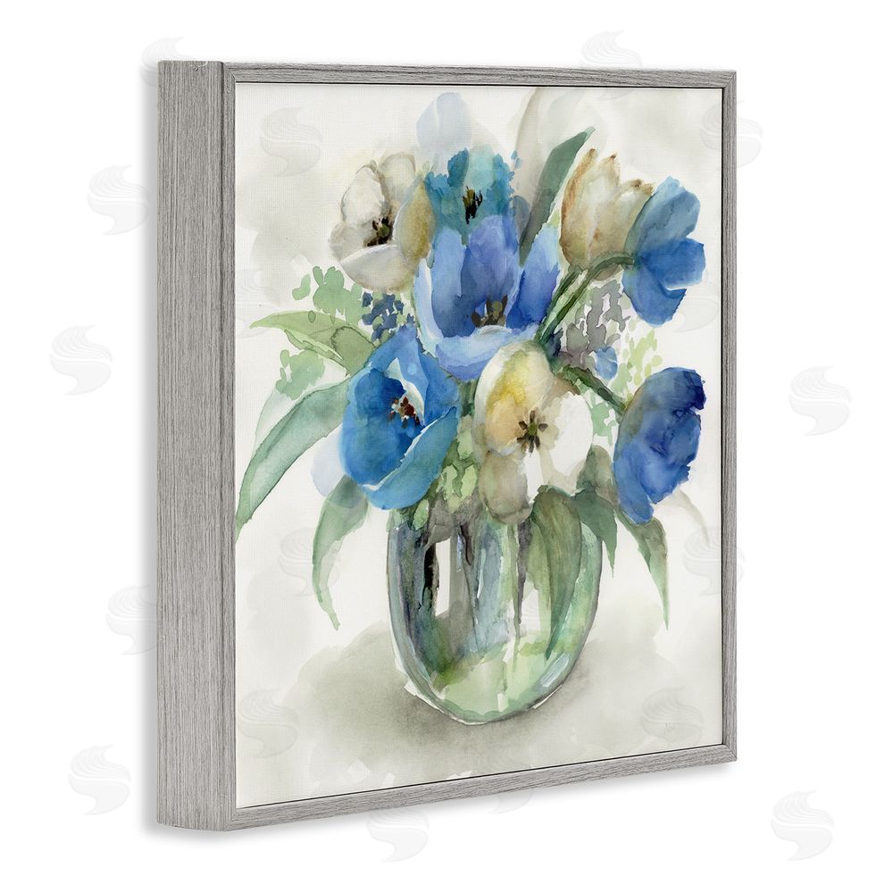 Nan Blue Tulip Watercolor Bouquet Gray Framed Giclee Wall Art Print