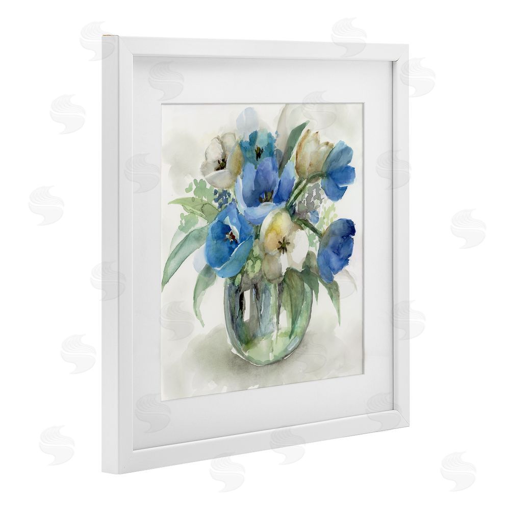 Nan Blue Tulip Watercolor Bouquet White Framed Print Under Glass Wall Art