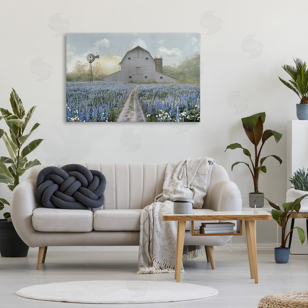 Nan Meadow of Blue Flowers & Barn Stretched Canvas Wall Art in Room