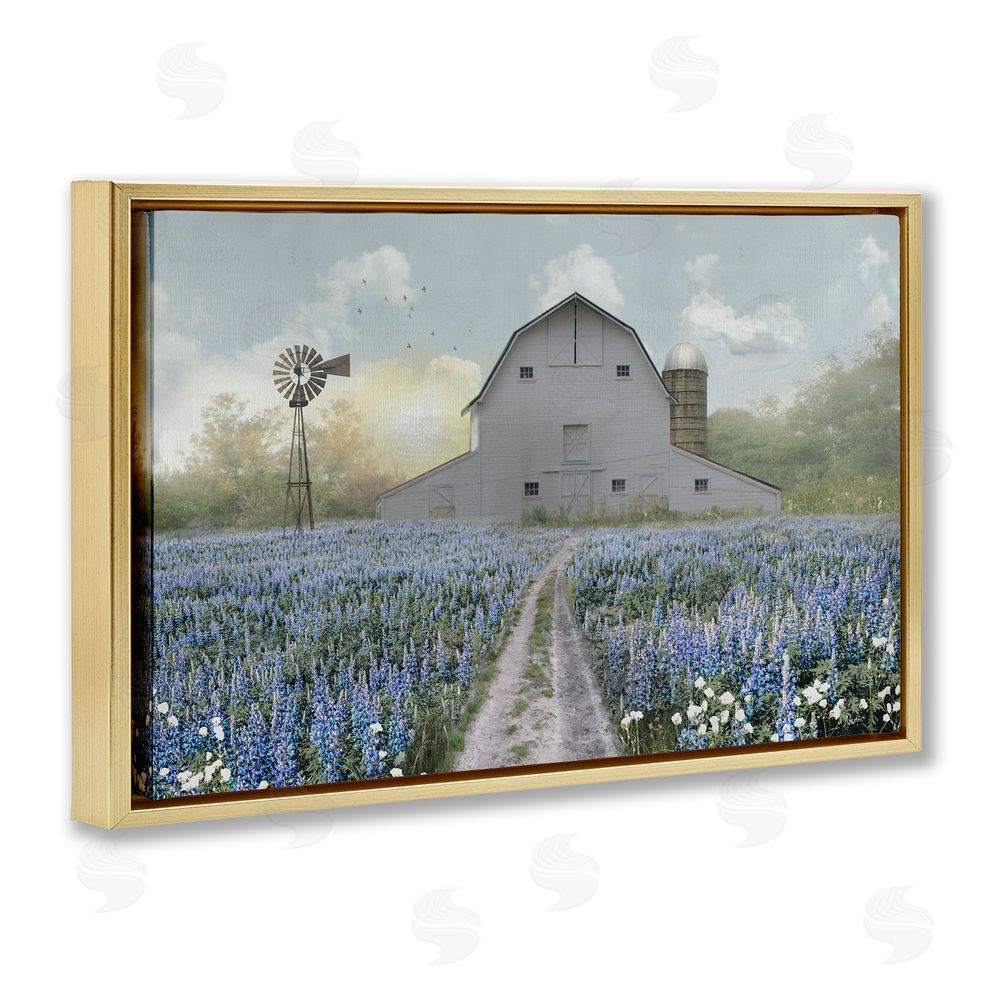 Nan Meadow of Blue Flowers & Barn Gold Floating Frame Canvas Wall Art Print