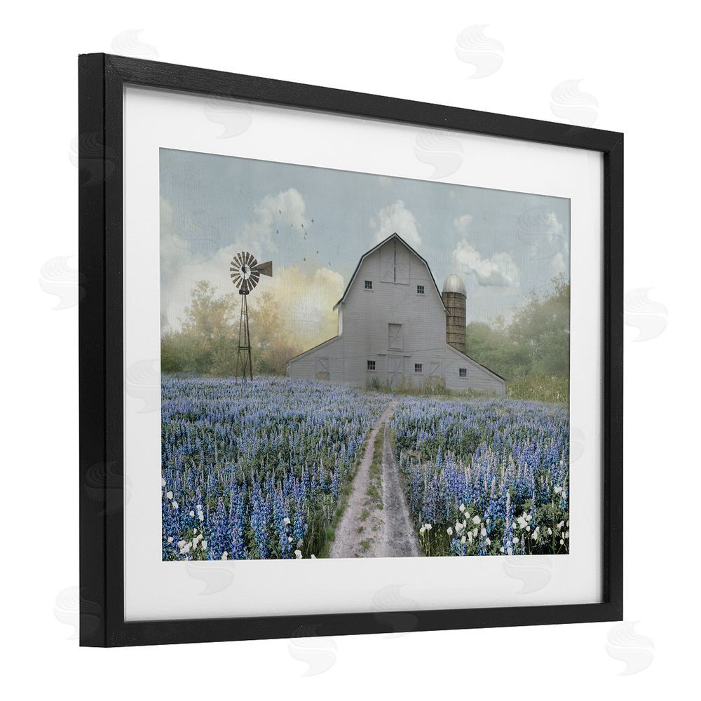 Nan Meadow of Blue Flowers & Barn Black Framed Print Under Glass Wall Art