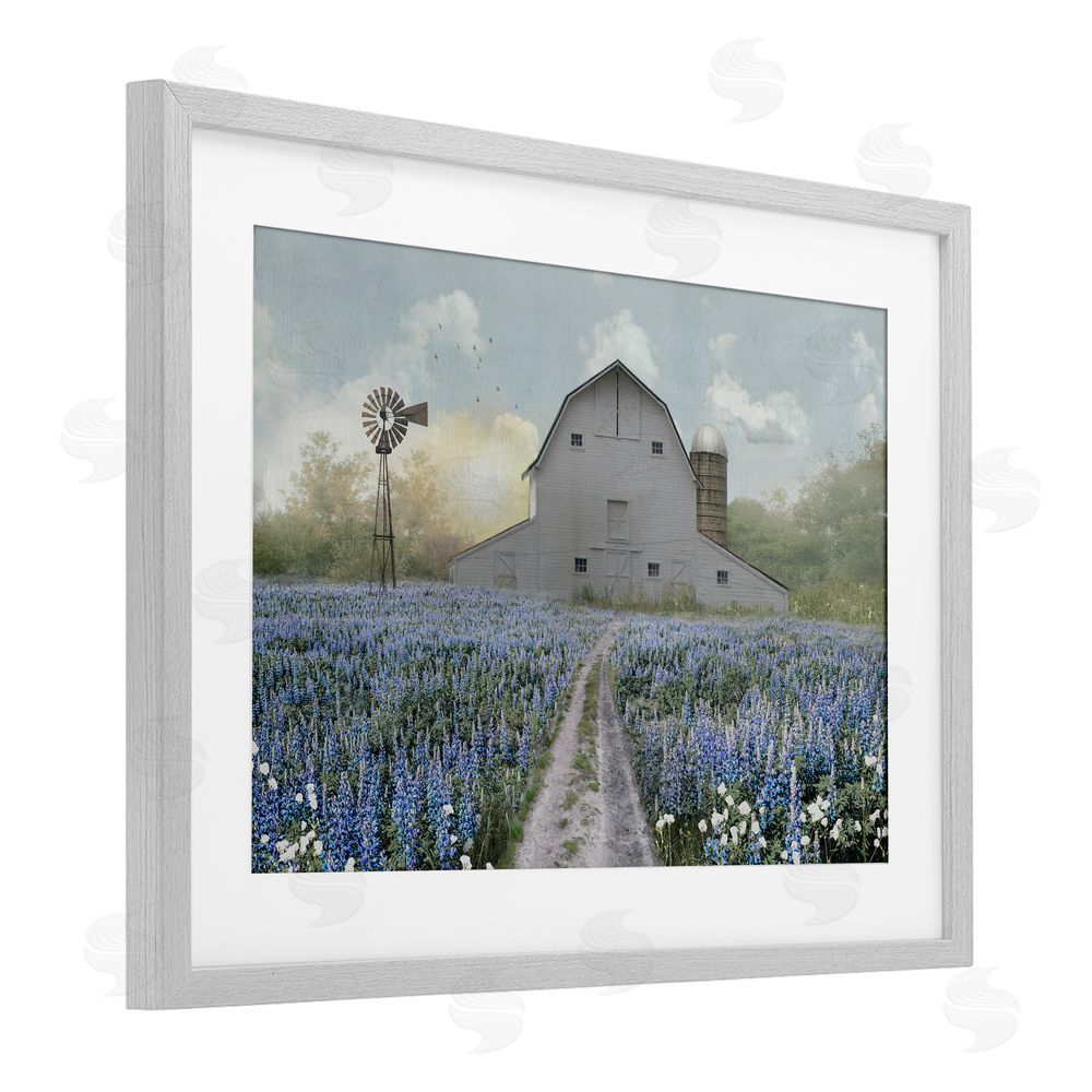 Nan Meadow of Blue Flowers & Barn Gray Framed Print Under Glass Wall Art