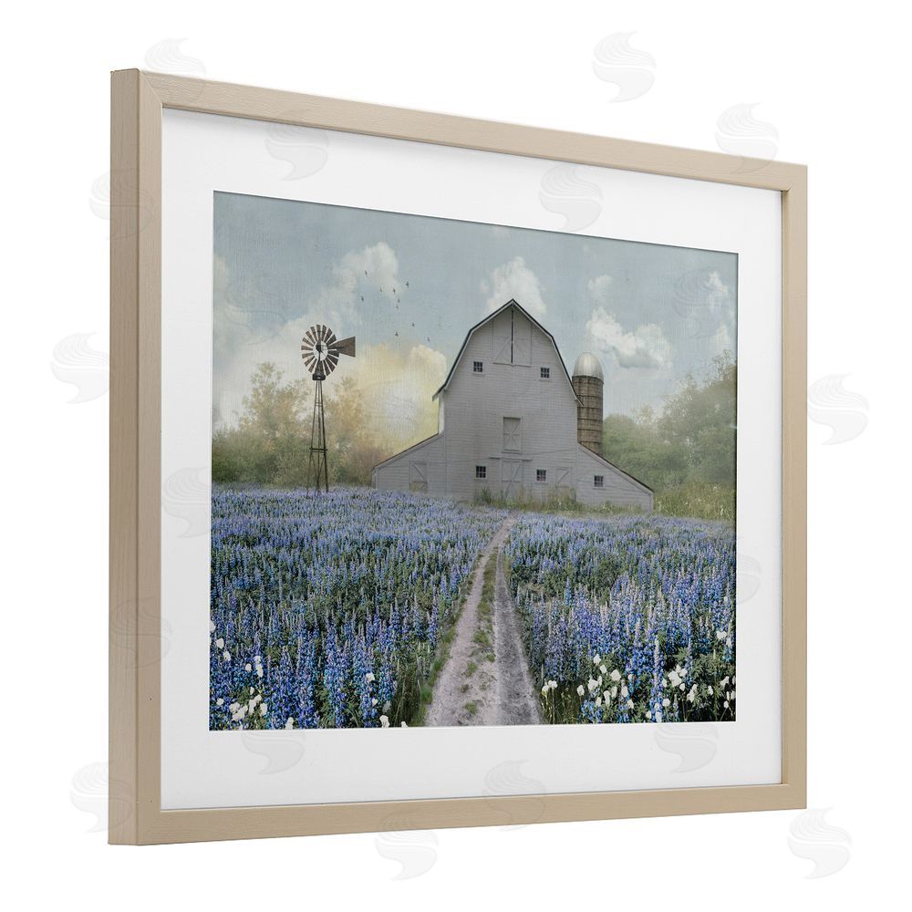 Nan Meadow of Blue Flowers & Barn Brown Framed Print Under Glass Wall Art