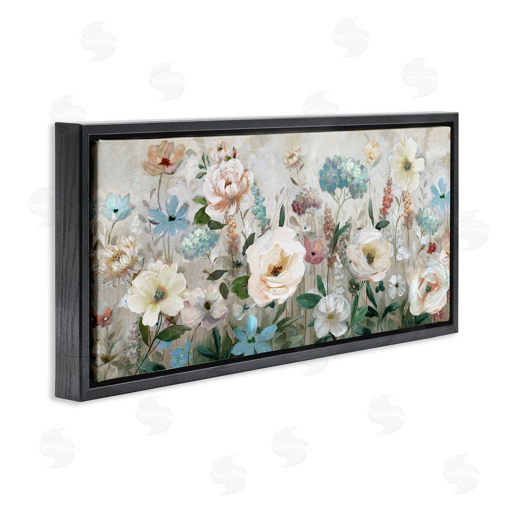 Nan Pastel Garden of Peonies Black Floating Frame Canvas Wall Art Print