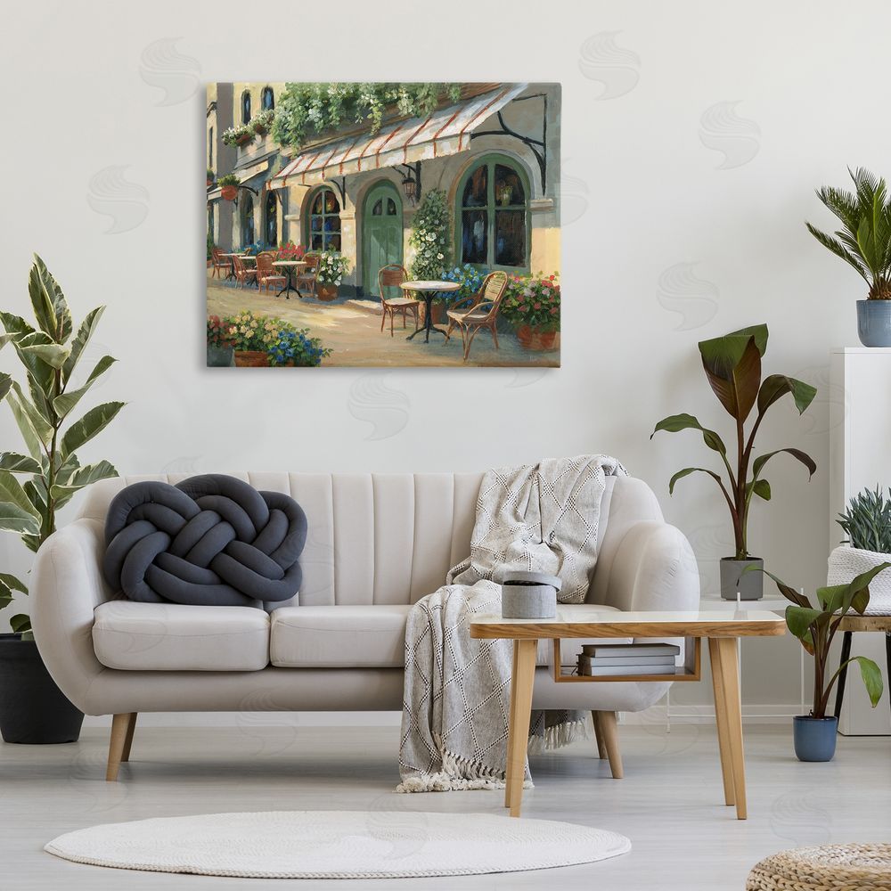 Nan Cozy Cafe Sunlit Patio Stretched Canvas Wall Art in Room