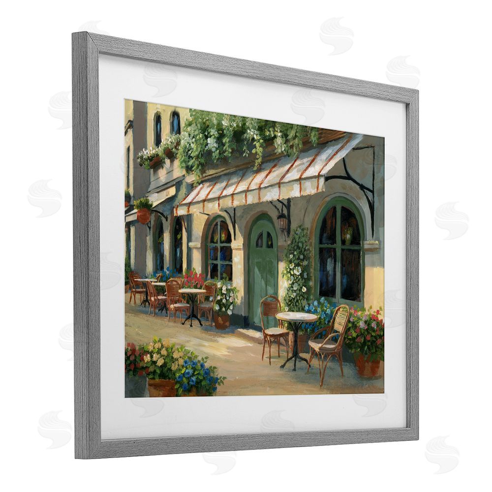 Nan Cozy Cafe Sunlit Patio Gray Framed Print Under Glass Wall Art