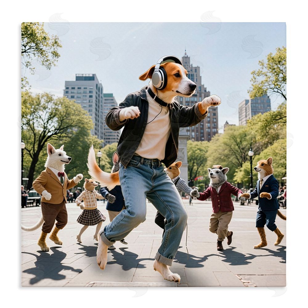 CAD Designs Stylish Dog Dancing in Park Stretched Canvas Wall Art Print