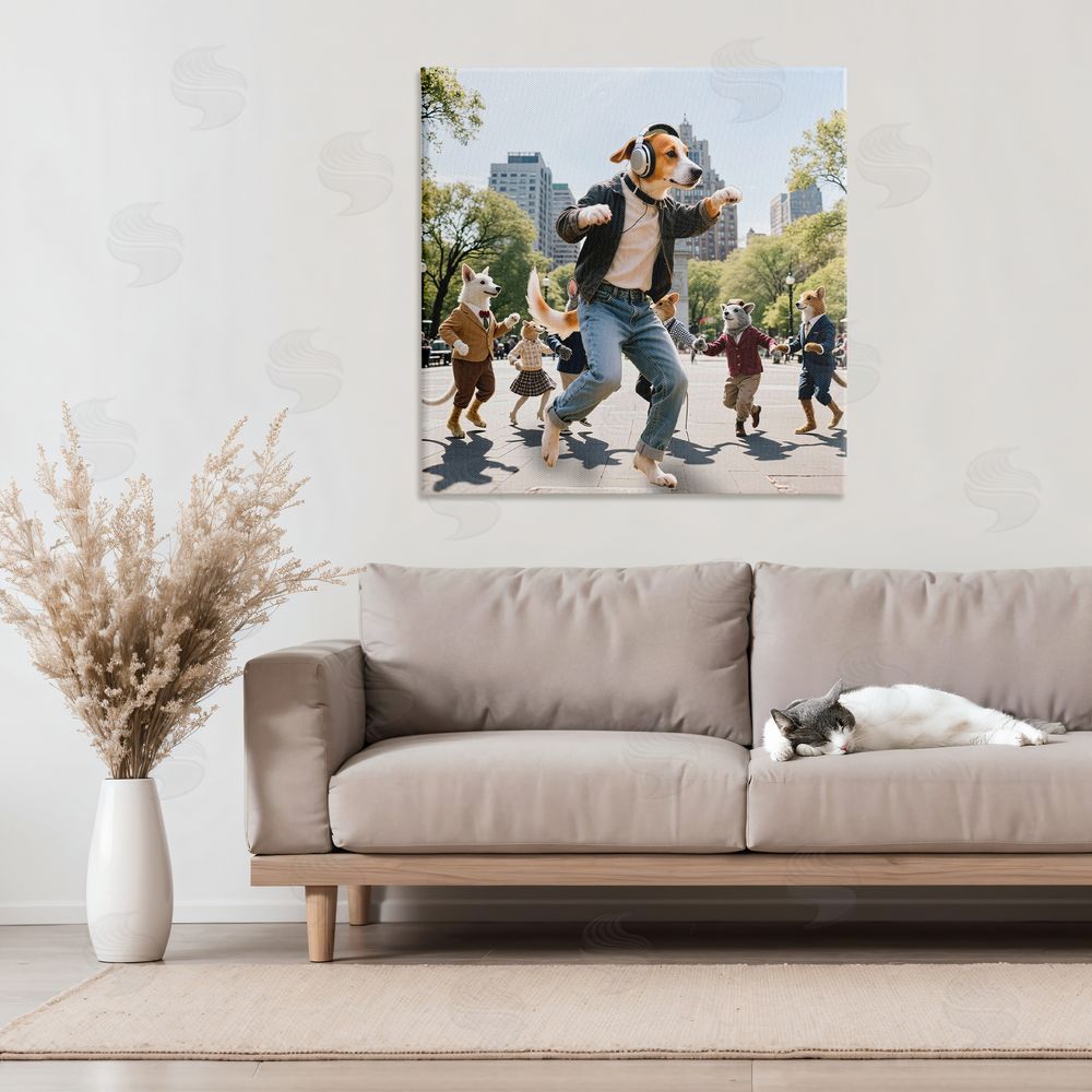 CAD Designs Stylish Dog Dancing in Park Stretched Canvas Wall Art in Room