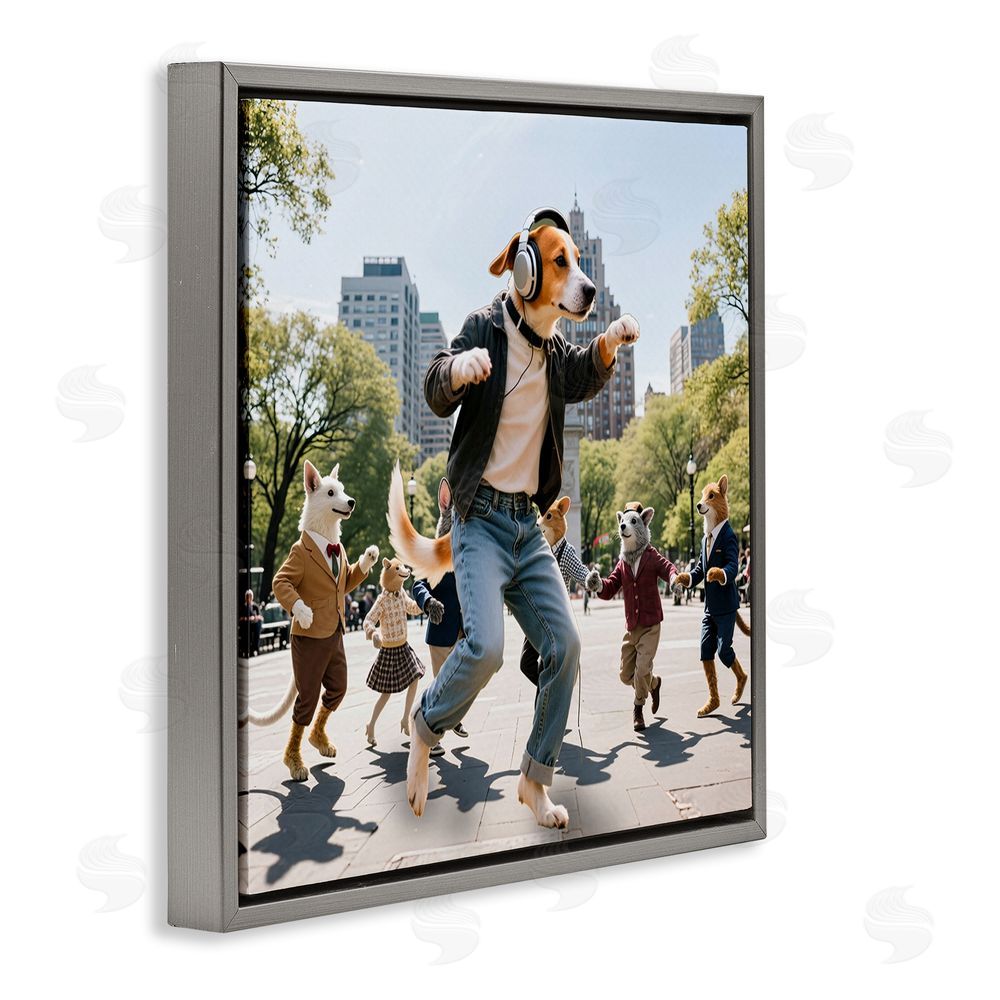 CAD Designs Stylish Dog Dancing in Park Gray Floating Frame Canvas Wall Art Print