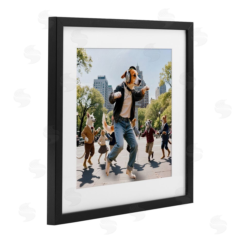 CAD Designs Stylish Dog Dancing in Park Black Framed Print Under Glass Wall Art