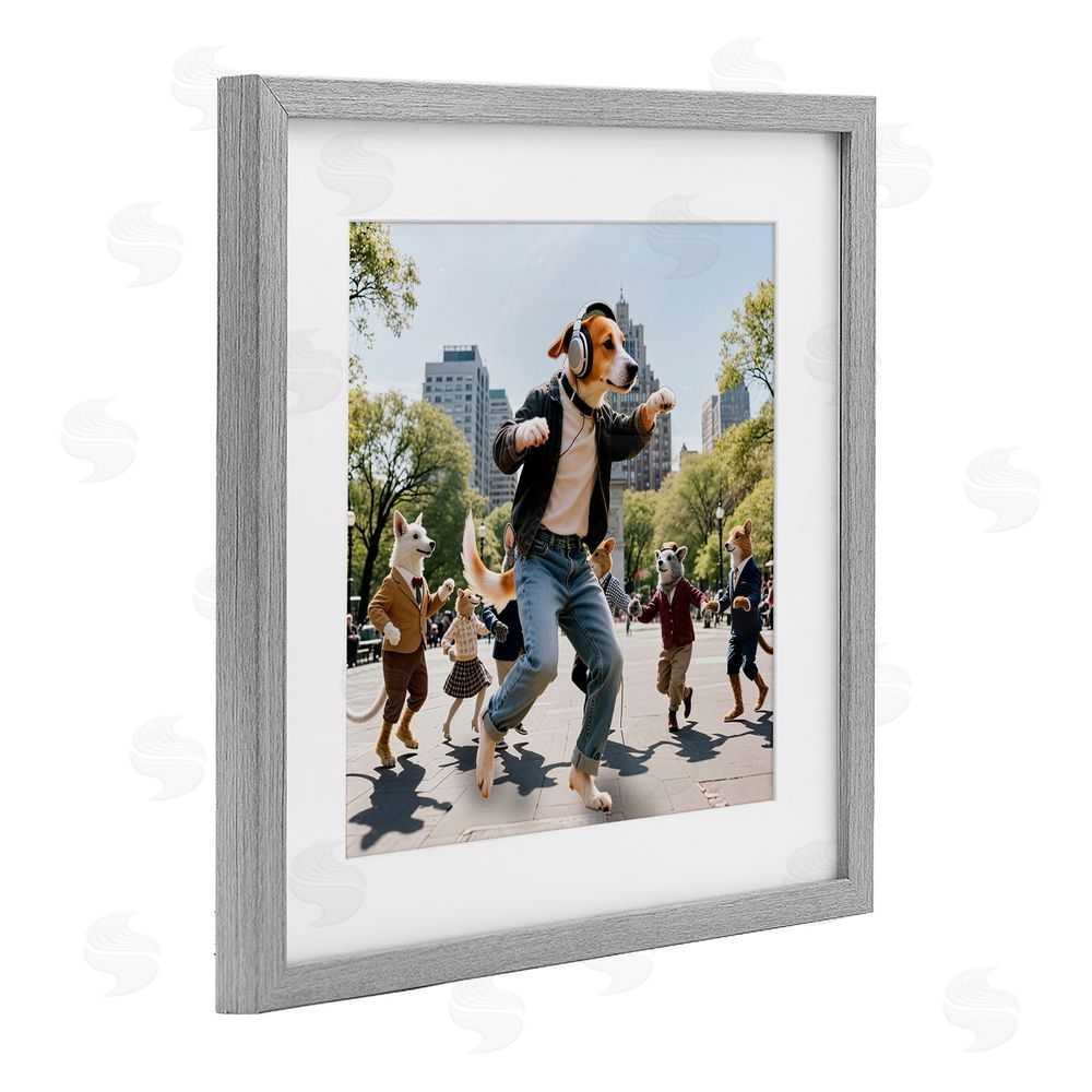 CAD Designs Stylish Dog Dancing in Park Gray Framed Print Under Glass Wall Art