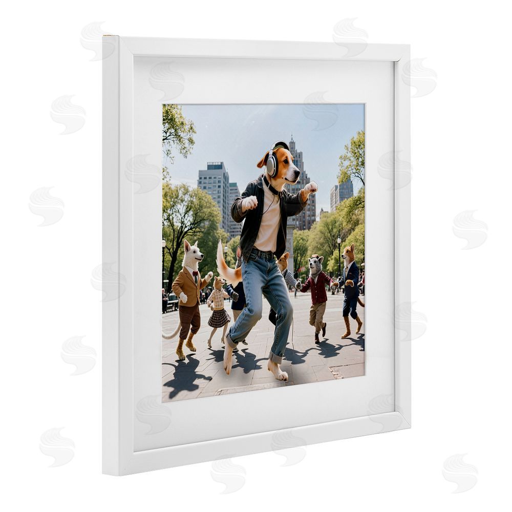 CAD Designs Stylish Dog Dancing in Park White Framed Print Under Glass Wall Art