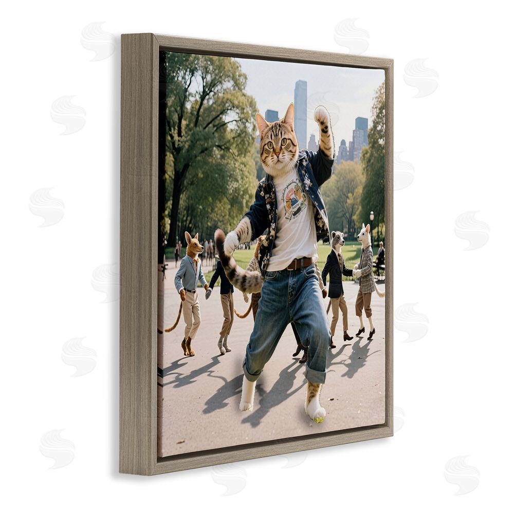 CAD Designs Stylish Cat Dancing in Park Brown Floating Frame Canvas Wall Art Print